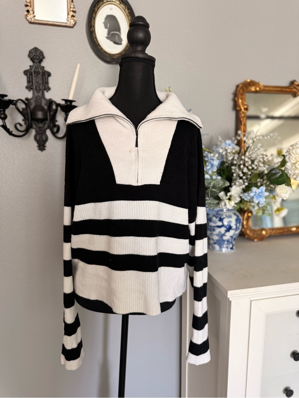 Andrew Marc Black & White Striped Sailor-Collar Sweater
